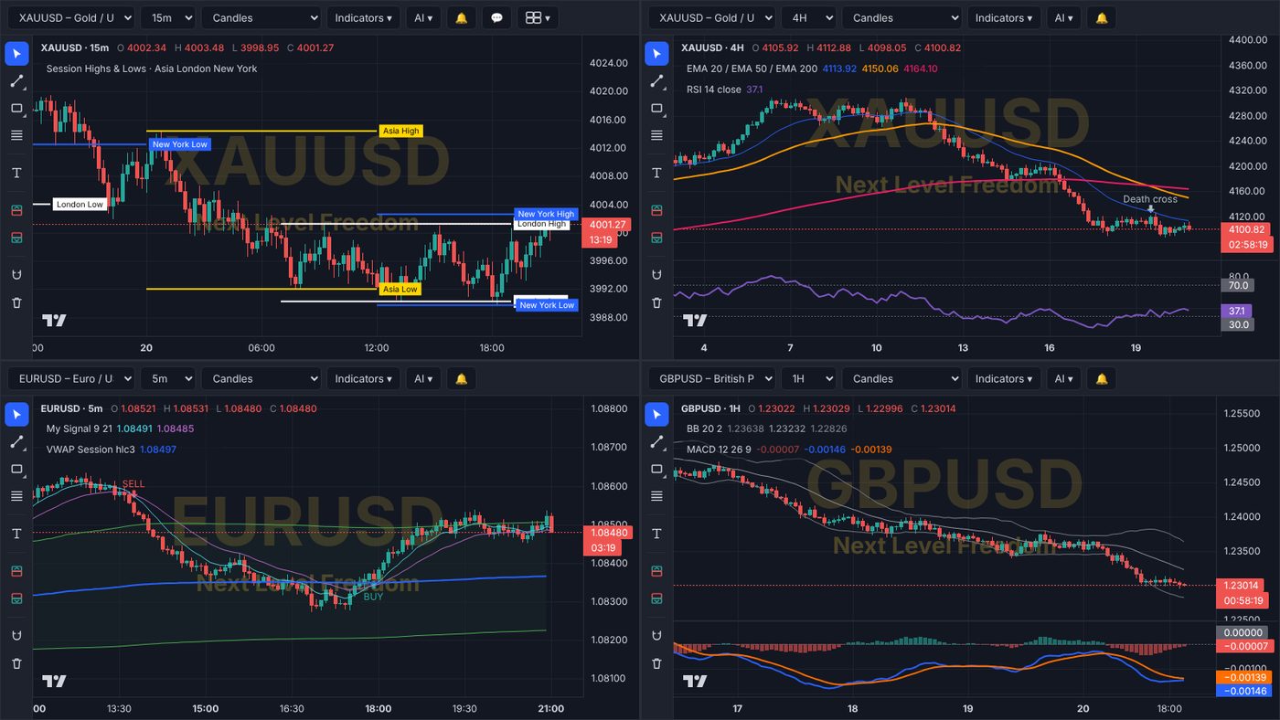 Four charts on one screen with session highs and lows, moving averages, RSI, VWAP and MACD